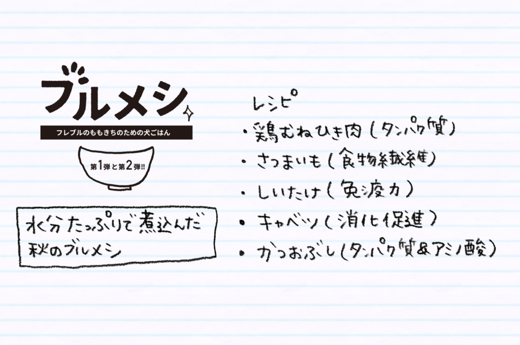 ＜水分たっぷりで煮込んだ秋のブルメシ（トッピング）レシピ＞

- 鶏むねひき肉（タンパク質）
- さつまいも（食物繊維）
- キャベツ（消化促進）
- しいたけ（免疫力！）
- かつお節（タンパク質＆アミノ酸）